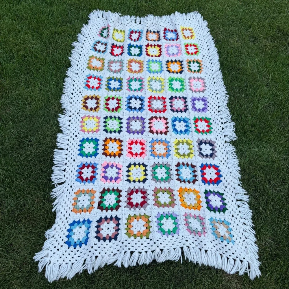 A+ Vintage Handmade Crochet Granny Square Throw Blanket Multi-Color Fringe Boho
